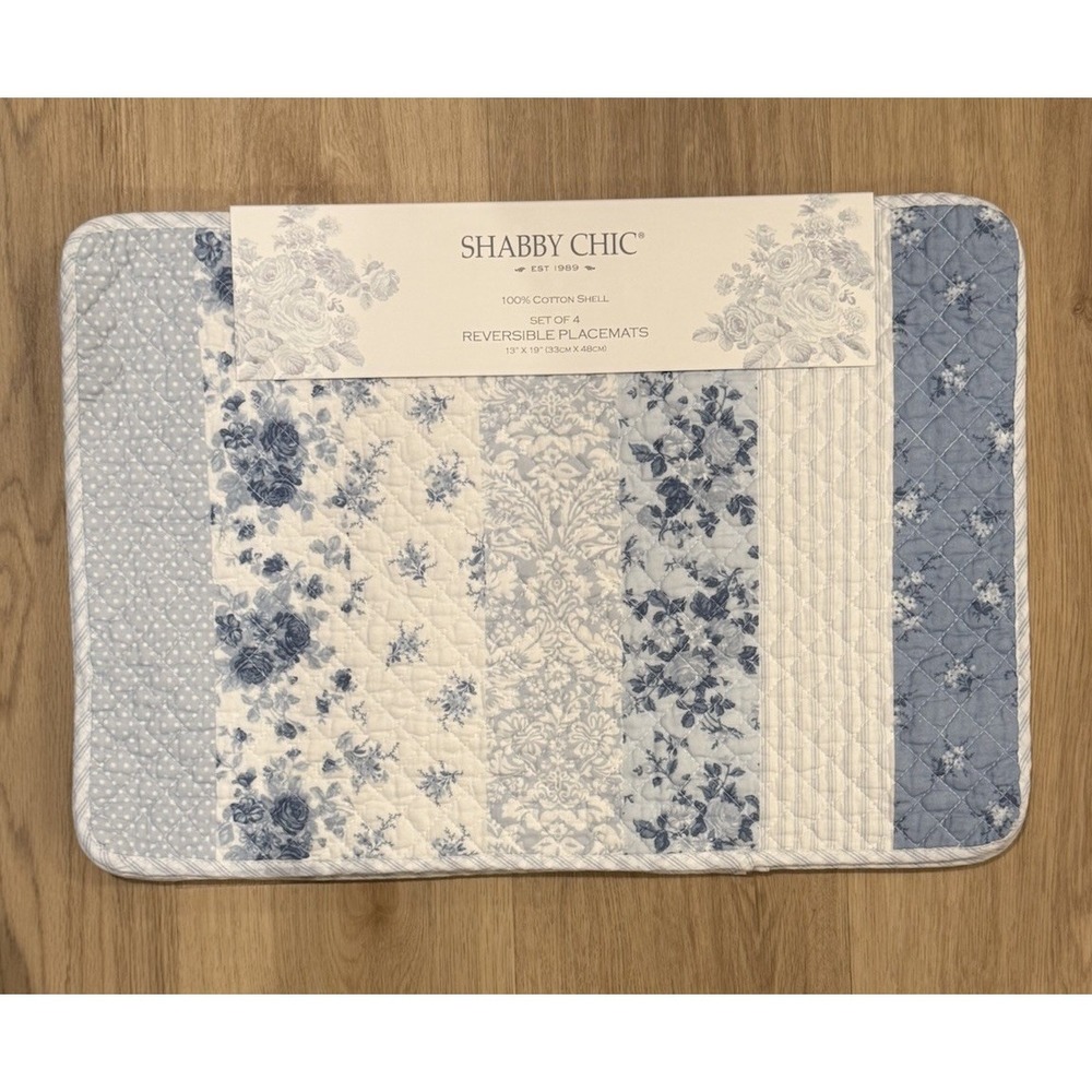 Shabby Chic 4 Scalloped Quilted Blue White‎ Placemats New Floral  Striped